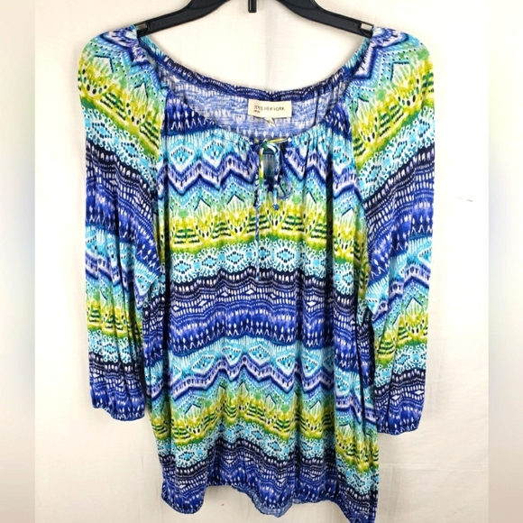 Jones New York Women's Blue & Green 3/4th Sleeve Drawstring Closure Shirt Sz 1X - Picture 1 of 9
